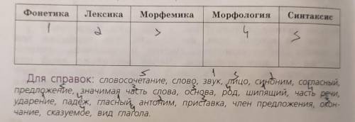 Озаглавьте таблицу. Запишите в соответствующие разделы науки о языке слова из материала для справок.