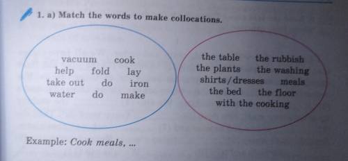 Match the words to make collocations. vacuum cookhelpfoldlaytake out doironwaterdomakethe tablethe r