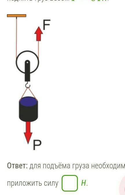 На рисунке изображён блок, который используют для подъёма груза. Какую силу F надо приложить, чтобы
