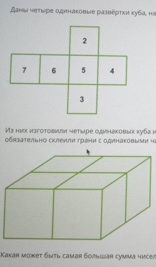 даны четыре одинаковые развёртки куба, на которых записаны одни и те же числа в таком расположении.