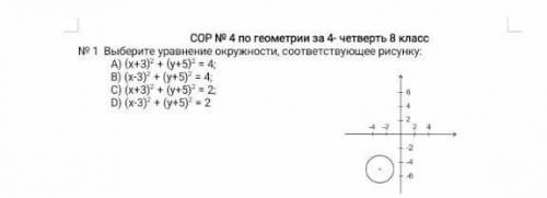 № 1 Выберите уравнение окружности, соответствующее рисунку: А) (+3)2+(+5)2=4; B) (−3)2+(+5)2=4; C) (