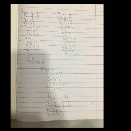 Решить графическим методом системы уравнений 1) {x+y=6 {x-y=82) {3x+y=14 {5x-y=103) {2x-9y=11 {7x+9y