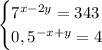 \begin{cases}7^{x-2y} = 343\\ 0,5^{-x+y} = 4\end{cases}