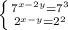 \left \{ {{7^{x-2y}=7^3 } \atop {2^{x-y}=2^2} \right.