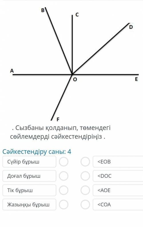 сызбаны қолданып төмендегі сөйлемдерді сәйкестендіріңіз Сүір бұрыш Доғал бұрыш Тік бұрыш Жазыңқы бұр