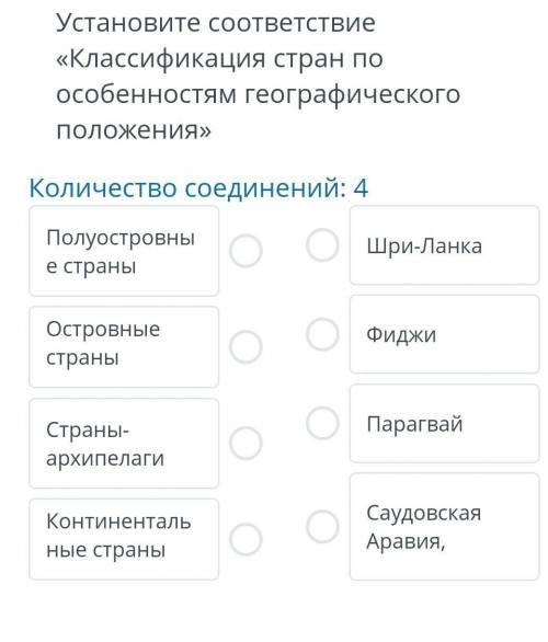 Установите соответствие «классификация стран по особенностям географического положения» количество с