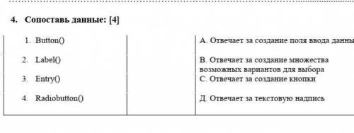 4. Сопоставь данные: [4] 1. Button()2. Label()3. Entry() 4. Radiobutton() A. Отвечает за создание по