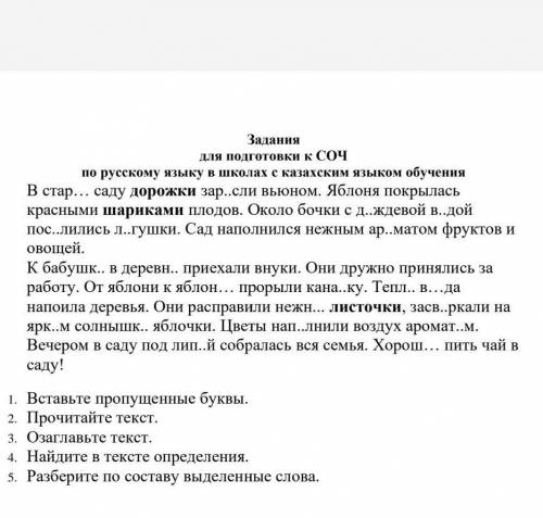 Для подготовки к СОЧ по русскому языку в школах с казахским языком обученияВ стар… саду дорожки зар.