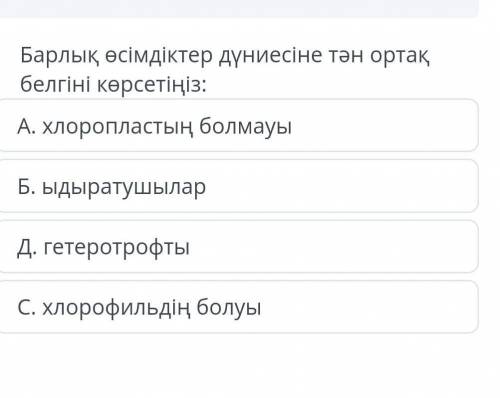 Укажите общий признак всей флоры: a. Отсутствие хлоропласта C. Наличие хлорофилла D. гетеротрофы B.