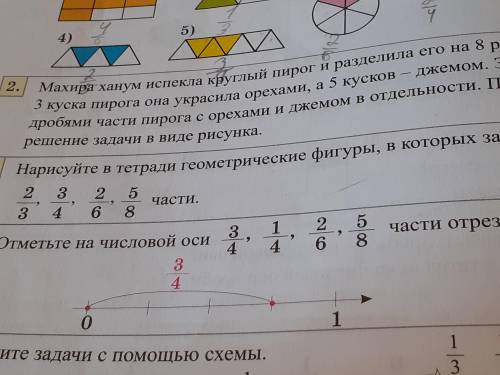 Нарисуйте в тетради геометрические фигуры, в которых окрашены 2-3, 3-4, 2-6, 5-8 части.