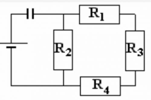 ЭДС источника 24 В с внутренним сопротивлением 2 Ом, R1 = R2 = R3 = R4 = 6 Ом. Емкость конденсатора