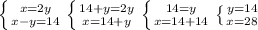 \left \{ {{x=2y} \atop {x-y=14}} \right. \left \{ {{14+y=2y} \atop {x=14+y}} \right. \left \{ {{14=y} \atop {x=14+14}} \right. \left \{ {{y=14} \atop {x=28}} \right.