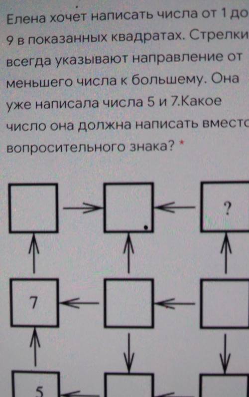 Елена хочет написать числа от 1 до 9 в показанных квадратах. Стрелкивсегда указывают направление отм