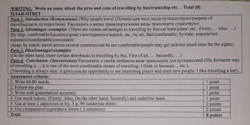 WRITING. Write an essay about the pros and cons of travelling by bus\train ship etc... Total [8] ПЛА