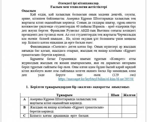 1.Берілген тұжырымдардан бір «жалған» ақпаратты анықтаңыз. Тұжырым Шын Жалған А Америка Құрама Штатт