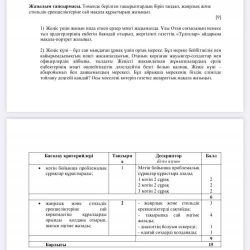 Жазылым тапсырмасы. Төменде берілген тақырыптардың бірін таңдап, жанрлық жəне стильдік ерекшеліктері