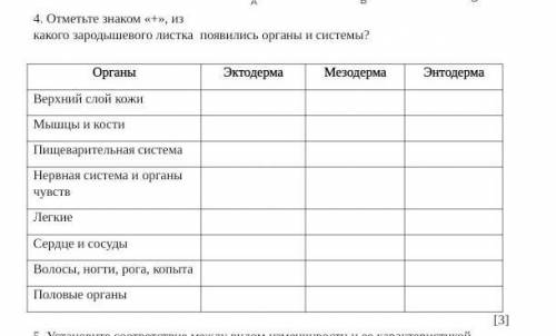 . Отметьте знаком «+», из какого зародышевого листка  появились органы и системы? ОрганыЭктодермаМез