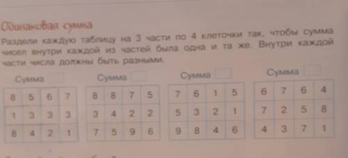 Одинаковая сумма Раздели каждую таблицу на 3 части по 4 клеточки так, чтобы суммачисел внутри каждой