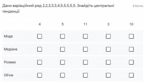 Дано варіаційний ряд 2,2,3,3,3,4,5,5,5,5,5. Знайдіть центральні тенденц даю