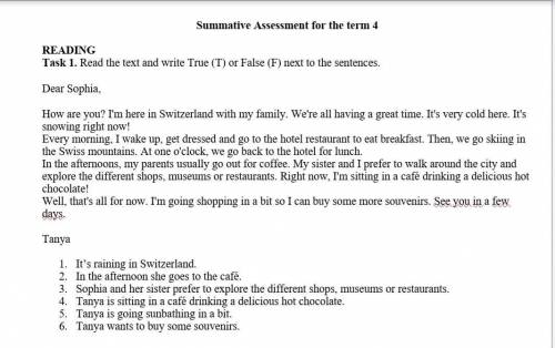 READING Task 1. Read the text and write True (T) or False (F) next to the sentences. Dear Sophia,How