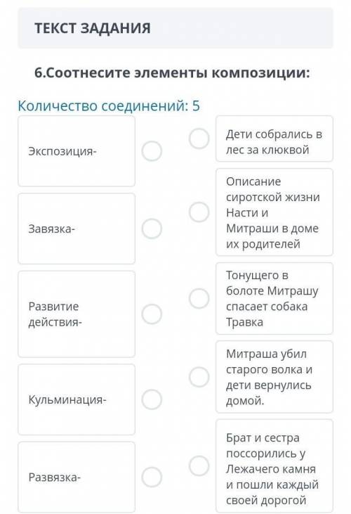 6.Соотнесите элементы композиции: Количество соединений: 5Дети собрались в лес за клюквойЭкспозицияО