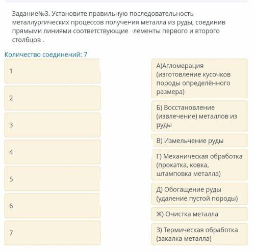 Задание №3. Установите правильную последовательность металлургических процессов получения металла из