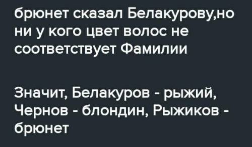 решите задачу. Беседуют трое друзей: Белокуров, Рыжов и Чернов. Черноволосый сказал Белокурову „Любо