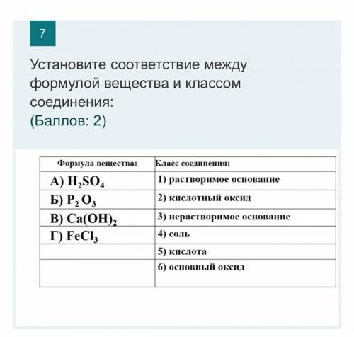 Установите соответствие между формулой вещества и классом соединения