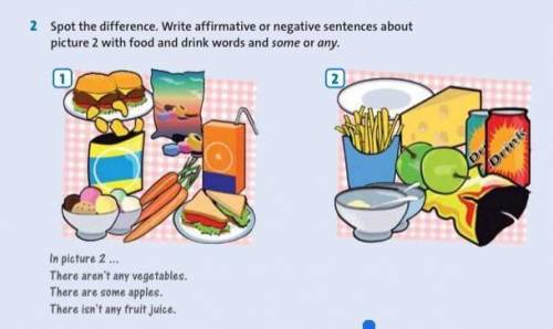 2 Spot the difference. Write affirmative or negative sentences about picture 2 with food and drink w