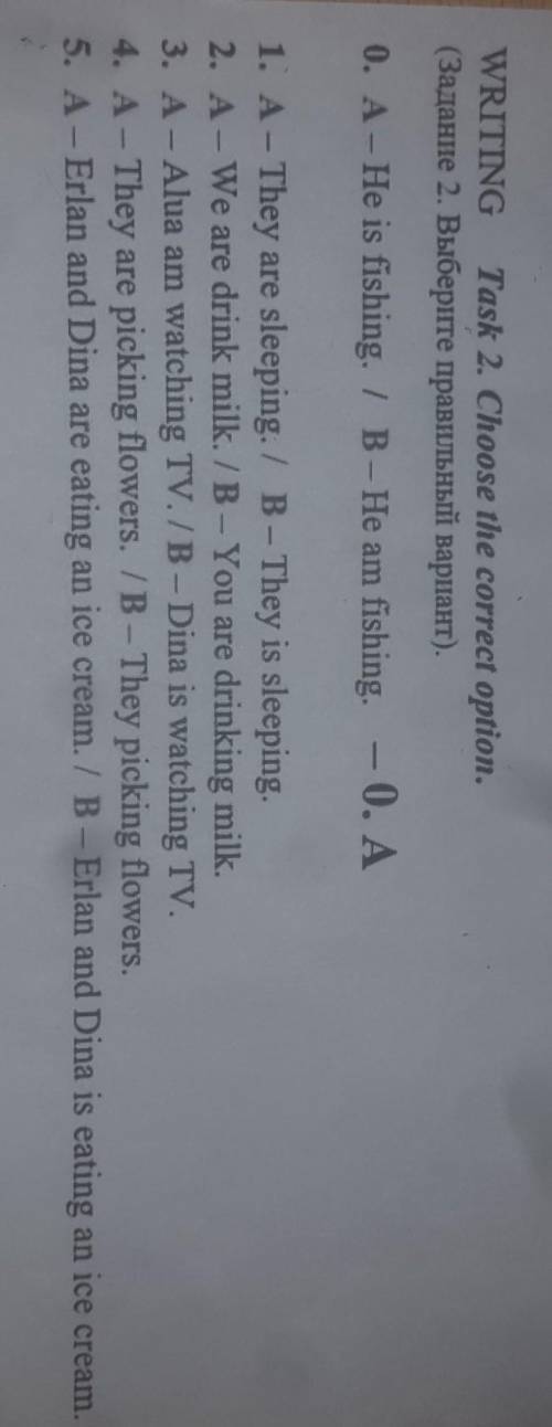 WRITING Task 2. Choose the correct option. (Задание 2. Выберите правильный вариант).0. A-He is fishi