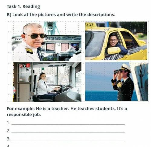 Task 1. Reading B ) Look at the pictures and write the descriptions . For example : He is a teacher