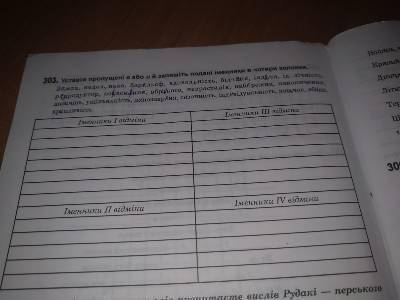 Уставте пропущені е або и й запишіть подані іменники в чотири колонки