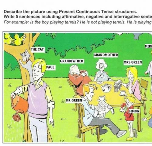 describe the picture using present continuous tense structures. write 5 sentences including affirmat