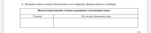 6. Назовите одного ученого Казахстана и его открытия. Данные внесите в таблицу. [4] Вклад казахстанс