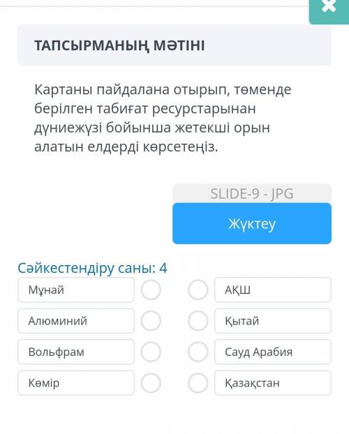 Картаны пайдалана отырып төменде берілген табиғи ресурстарынан дүние жүзі бойынша жетекші орын алаты