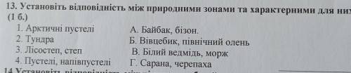 Установи відповідність між природними зонами та характерними для них тваринами​