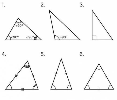 Определи тип каждого треугольника в соответствии с классификацией. Выбери верные варианты из списков
