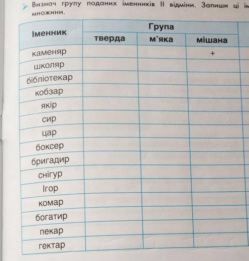 Визнач групу поданих іменників відміни. Запиши ці іменники в називному відмінку множини. ,ІменникГру