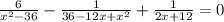 \frac{6}{ {x}^{2} - 36 } - \frac{1}{36 - 12x + {x}^{2} } + \frac{1}{2x + 12} = 0