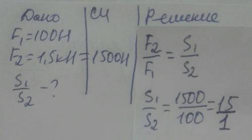 Каким должно быть соотношение площадей поршней гидравлического пресса, чтобы при действии силы 100 Н