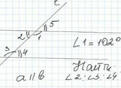 Найти: угол 2,угол3, угол4, угол 5.угол1=102°a||b​