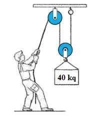 Рабочий поднимает груз массой 40 кг с системы блоков. Установите силу, действующего на свободный кон