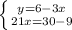 \left \{ {{y=6-3x} \atop {21x=30-9}} \right.