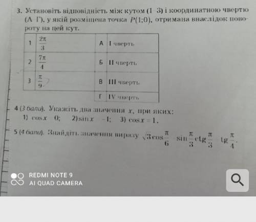 Установите соответствие между углом (1-3) и координатной четвертью (А-Г), в которой размещена точка