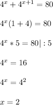 4^x+4^{x+1}=804^x(1+4)=804^x*5=80|:54^x=164^x=4^2x=2