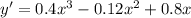 y' = 0.4 {x}^{3} - 0.12 {x}^{2} + 0.8x