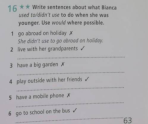 Write sentences about what Bianca used to/didn't use to do when she was younger.Use would possible ​