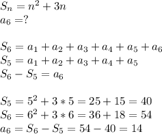 S_n=n^2+3n\\a_6 =?\\\\S_6=a_1+a_2+a_3+a_4+a_5+a_6\\S_5=a_1+a_2+a_3+a_4+a_5\\S_6-S_5=a_6\\\\S_5=5^2+3*5=25+15=40\\S_6=6^2+3*6=36+18=54\\a_6=S_6-S_5=54-40=14\\