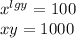 {x}^{lgy} = 100 \\ xy = 1000