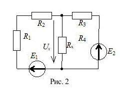 Определите напряжение Ux, если R1= 1 Ом, R2= 3 Ом, R3= 4 Ом, Rx = 4 Ом, E1 = 3 В, Е2 = 6 В.